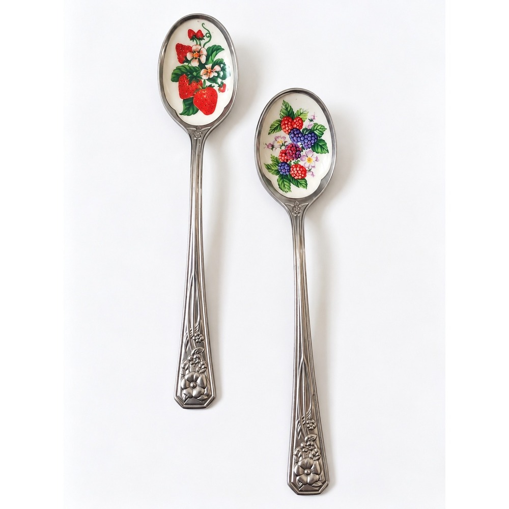Vintage Avon Fruit Enamel Souvenir Spoons Set of 2 Stainless Steel Japan